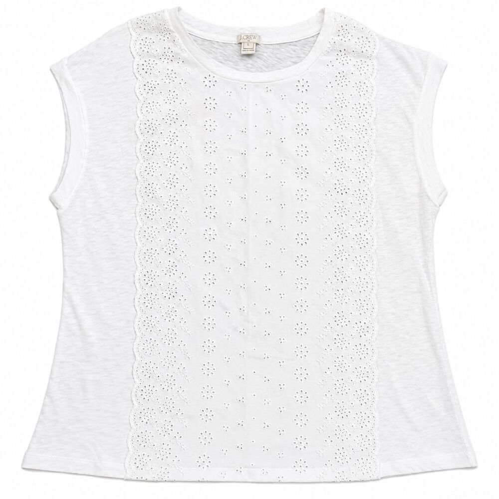 J.Crew White Eyelet Embroidered Front Short Sleeve Knit Top Women's Large L